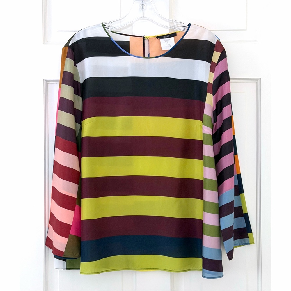 Odeeh Colorful Rainbow Stripe Silk Top Blouse Colorblock Patchwork Rugby 42 - Picture 1 of 16